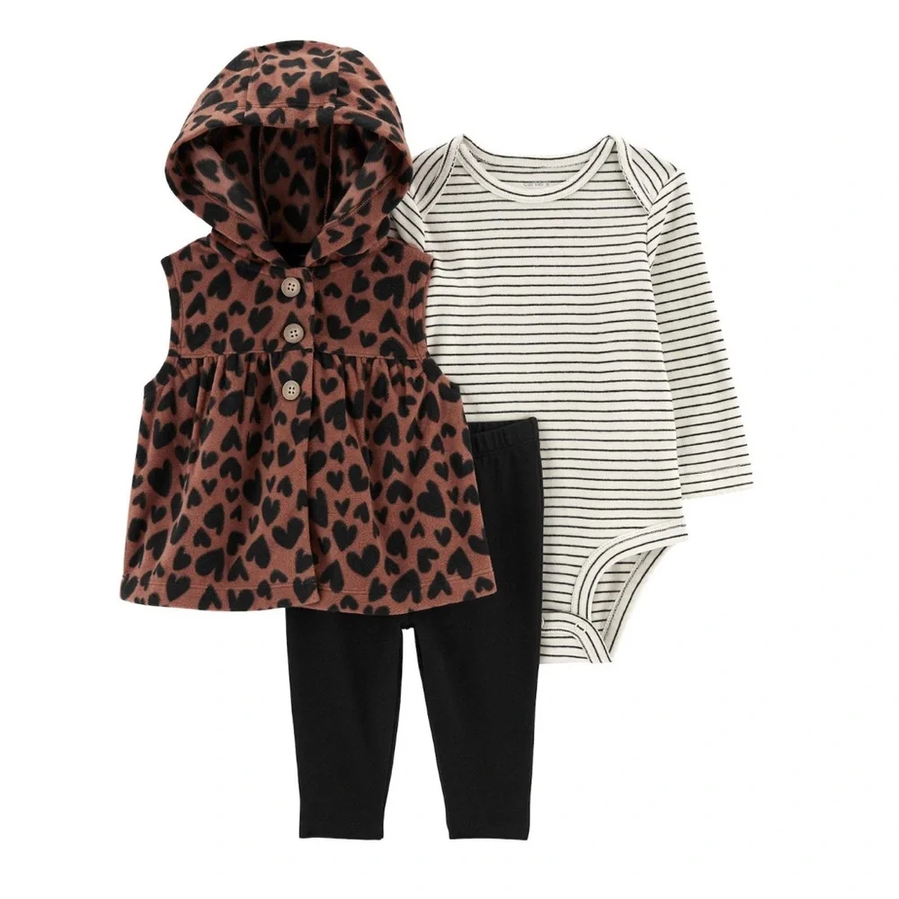 Carter's Black Heart Pattern Hooded‎ Fleece Vest Brown 24m